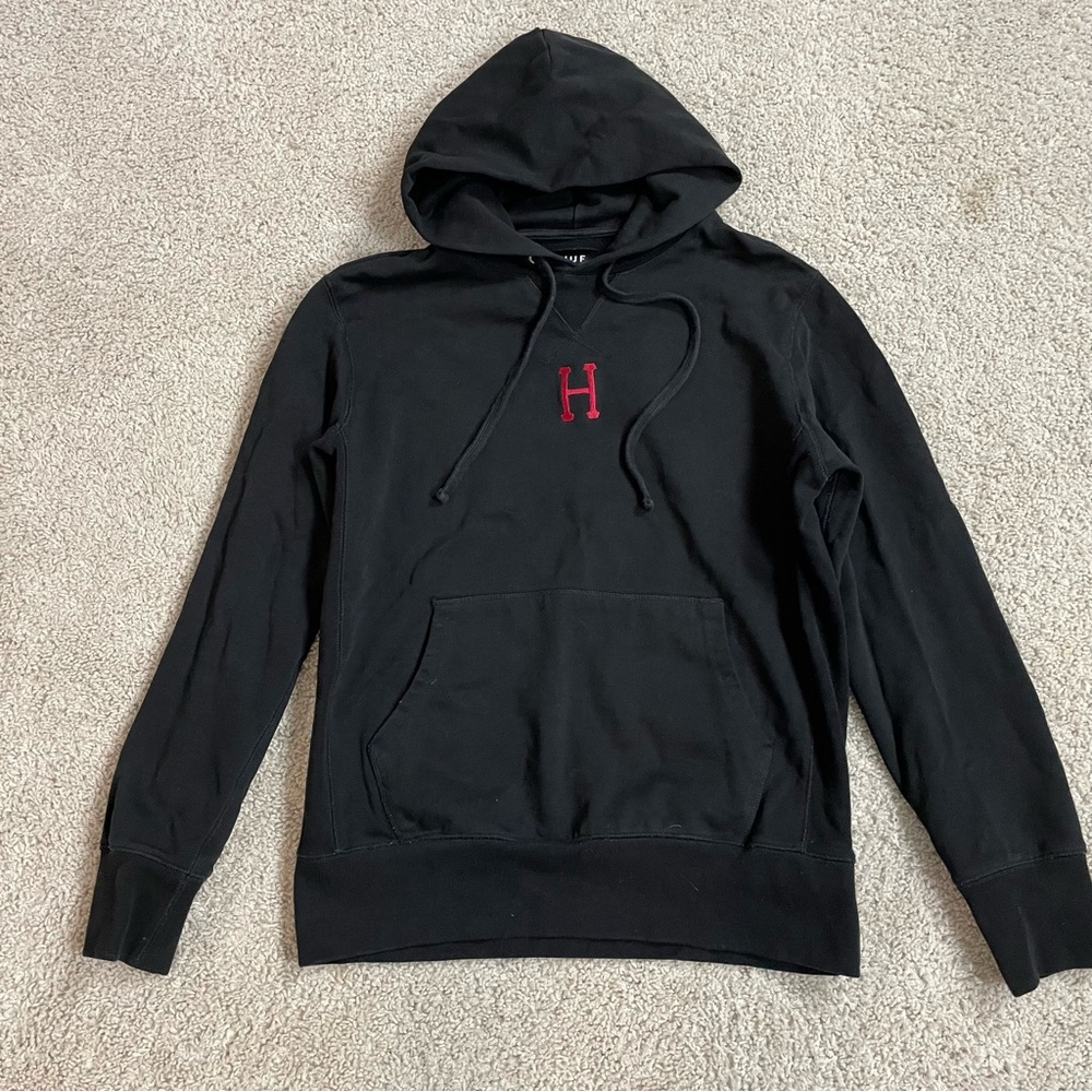 Men's HUF Black Embroidered RED H Skateboarding HOODIE Pullover ATHLETIC TOP M